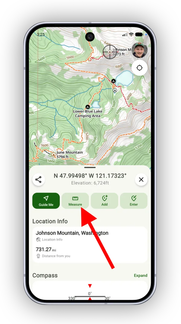 The Measure button in the sheet for a point on the map