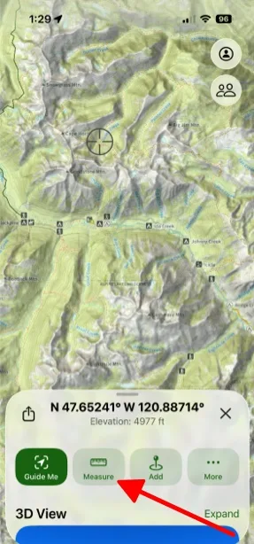 The Measure button in the sheet for a point on the map