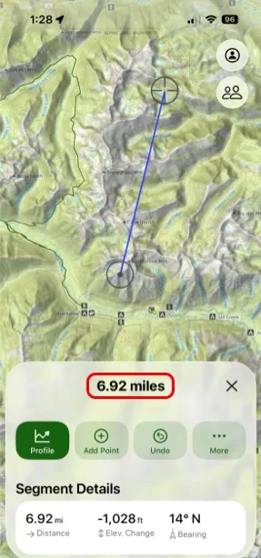 A measurement line with its distance, bearing, and elevation change