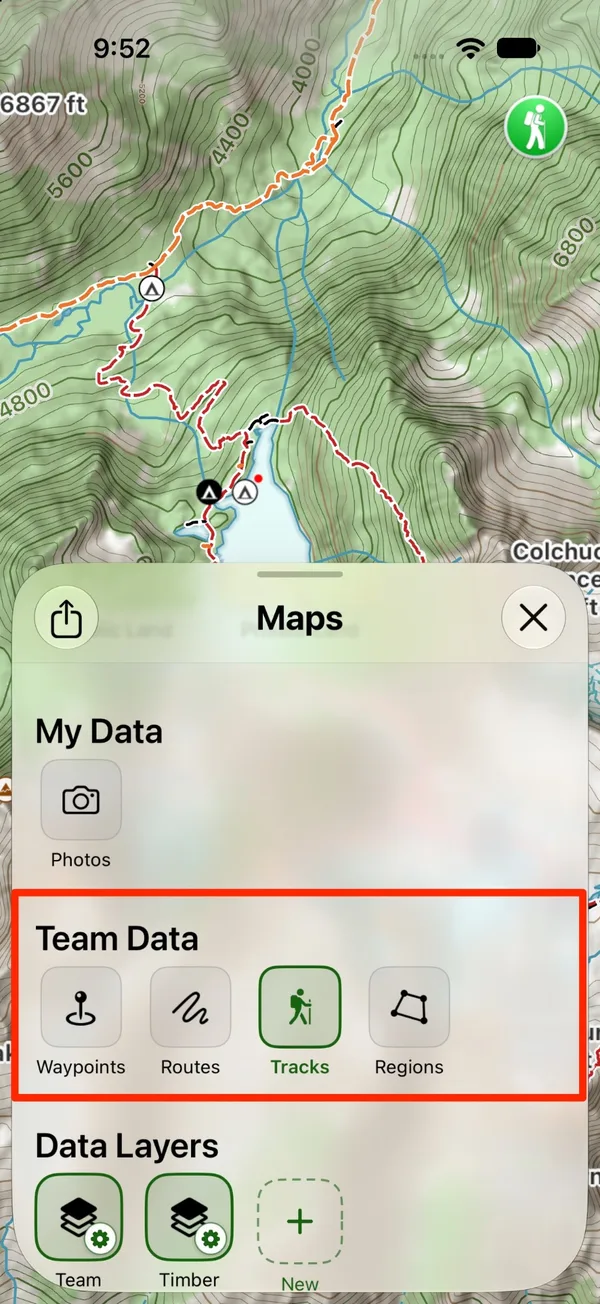 The Team Data section of the Maps panel with Waypoints, Routes, Tracks, and Regions