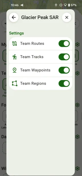 Toggles for team routes, tracks, waypoints, and regions