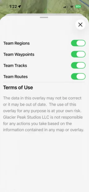 Toggles for team routes, tracks, waypoints, and regions