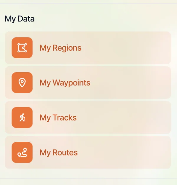 The My Data section of the map dashboard with My Regions, My Waypoints, My Tracks, and My Routes