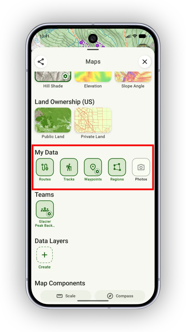 The My Data section with Routes, Tracks, Waypoints, Regions, and Photos