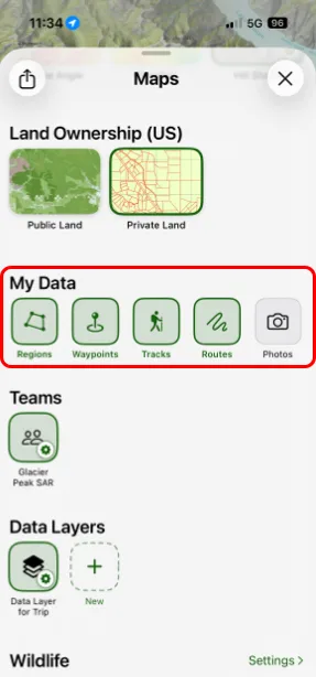 The My Data section with Routes, Tracks, Waypoints, Regions, and Photos