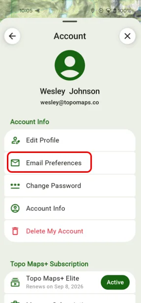 Email Preferences on the Account screen