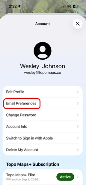 Email Preferences on the Account screen