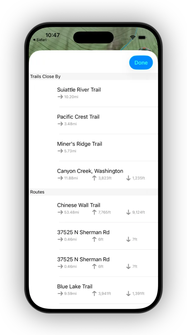 A list of nearby trails and routes to choose from