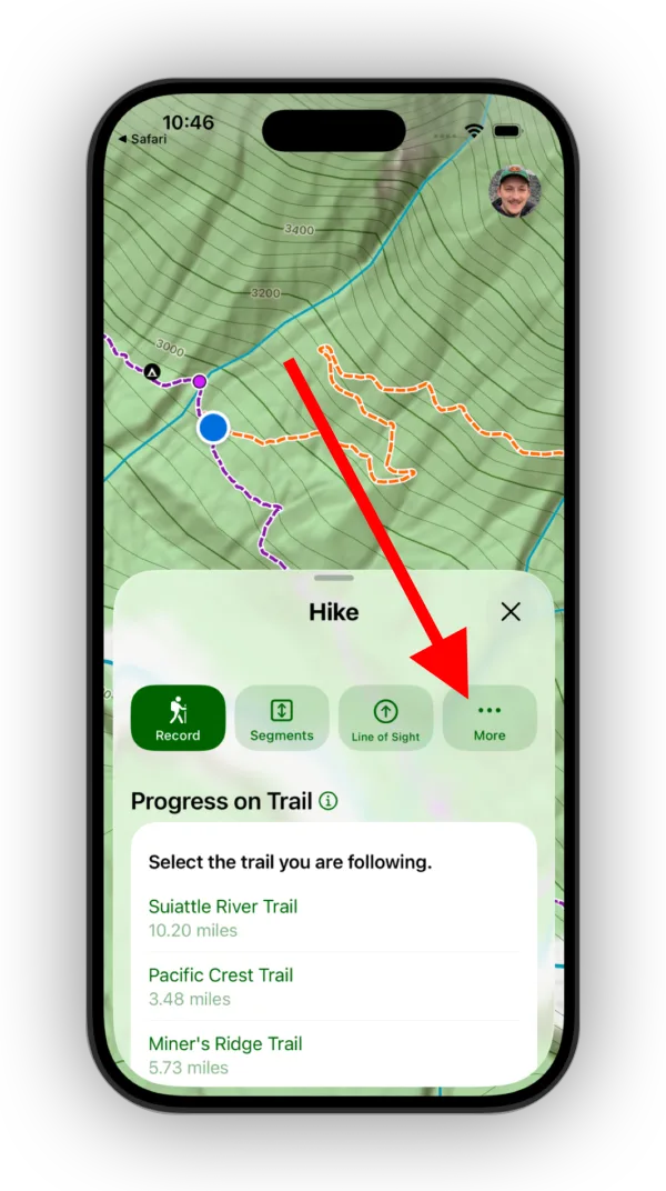 The More button in the Hike menu