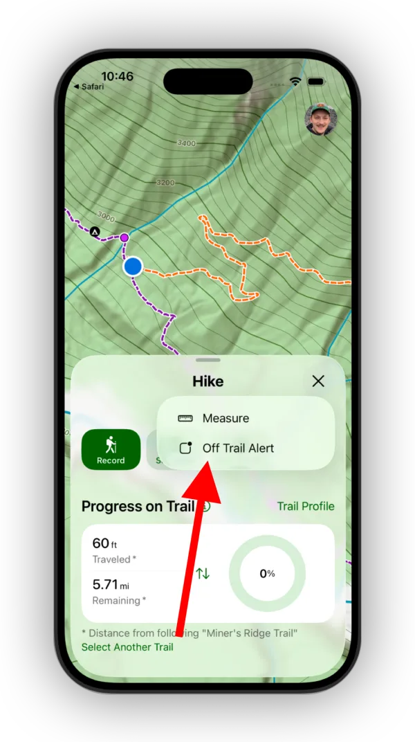 Off Trail Alert in the More menu