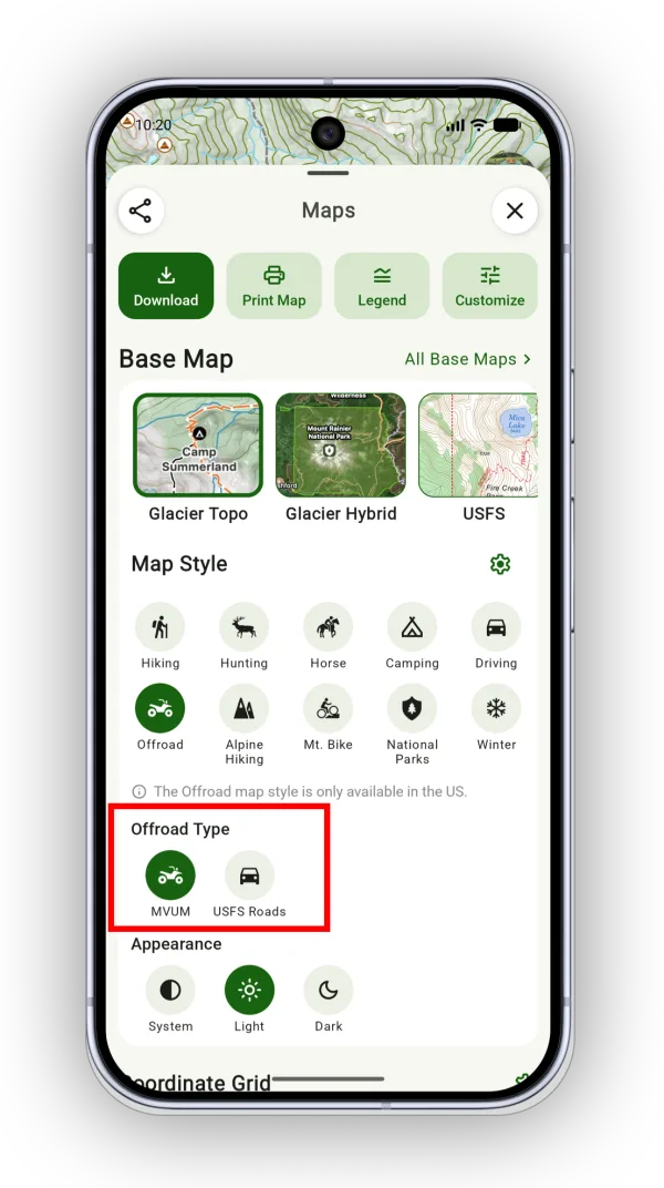 The Offroad Type options, MVUM and USFS Roads