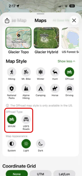 The Offroad Type options, MVUM and USFS Roads