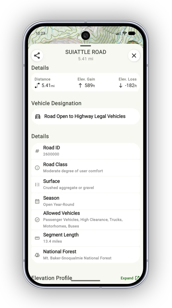 Road details including vehicle designation, surface, season, and allowed vehicles