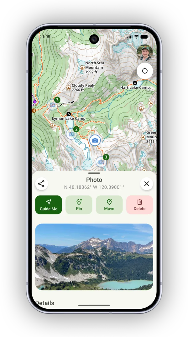 A photo opened from the map with its details