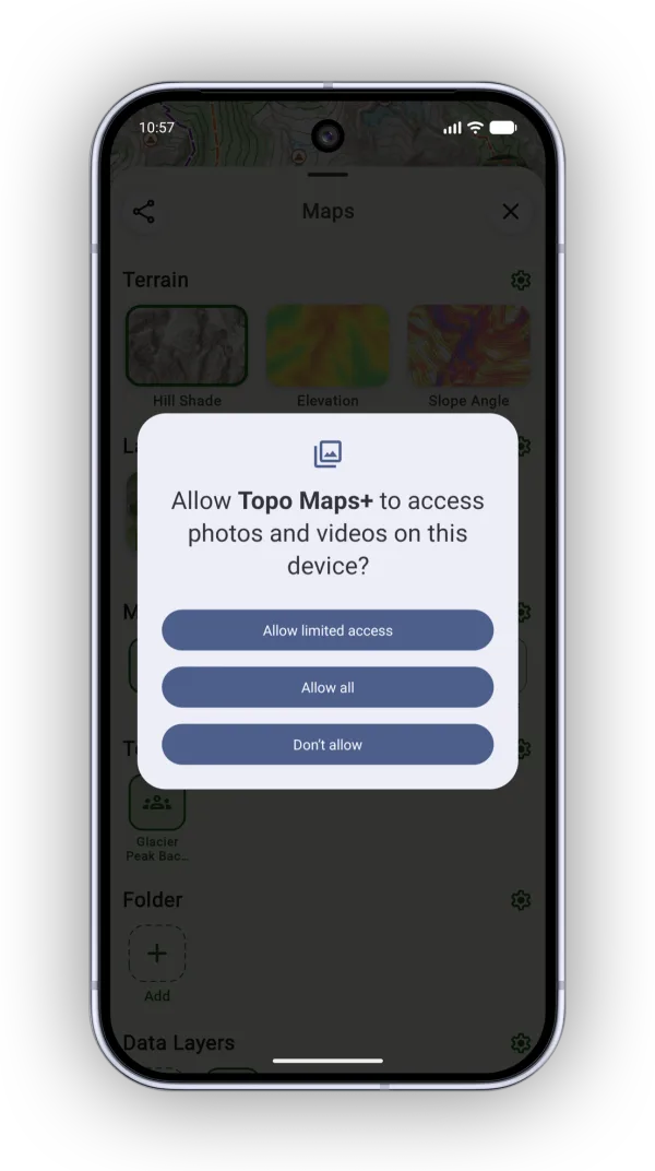 The system prompt asking to allow Topo Maps+ to access photos
