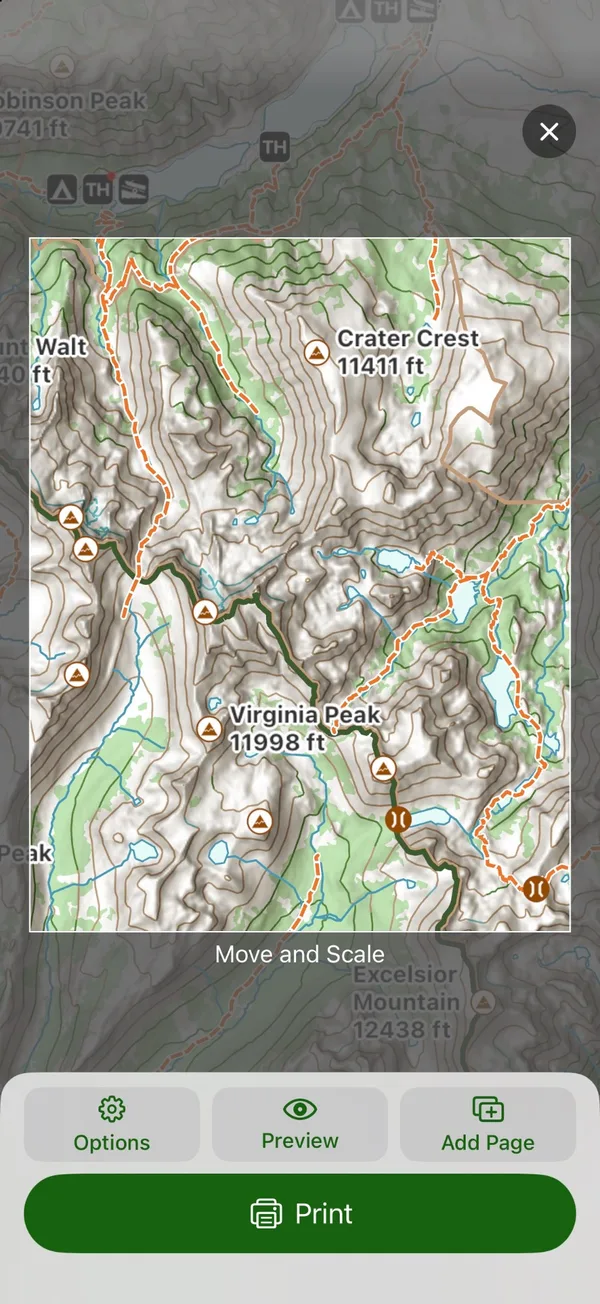 The print frame over the map with Move and Scale below it, and the Options, Preview, Add Page, and Print buttons