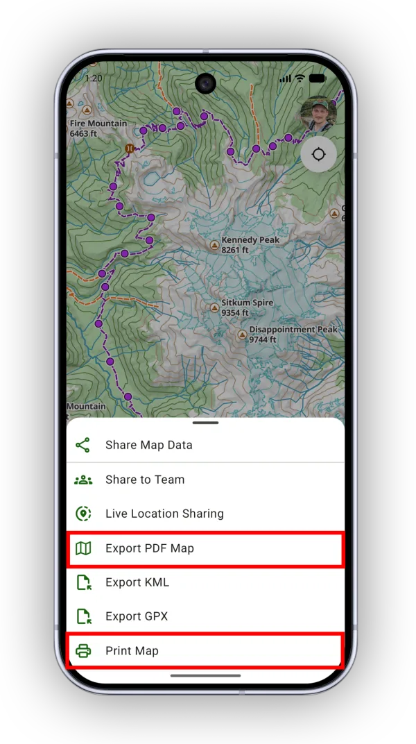 Print Map and Export PDF Map in the Share menu