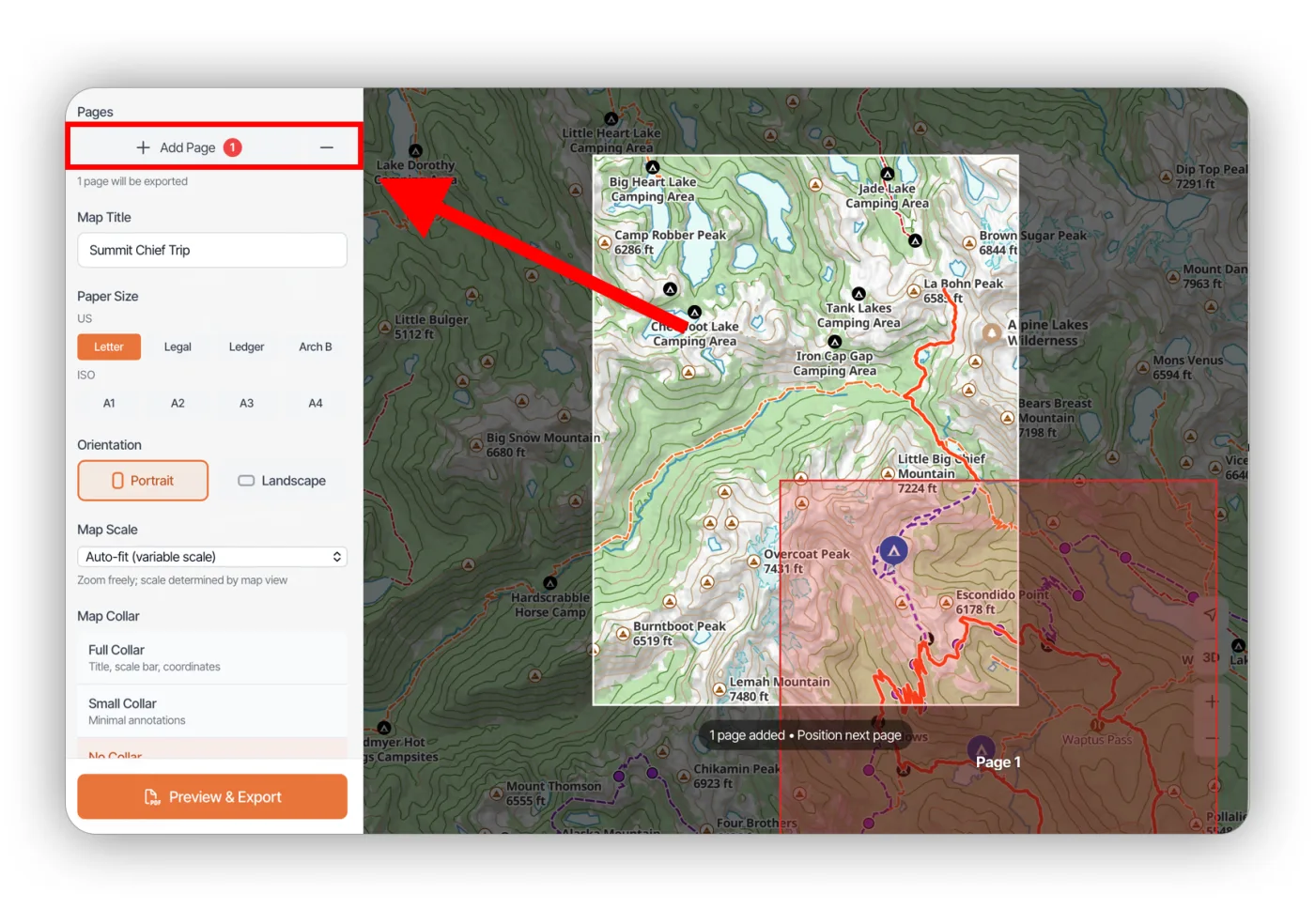The Add Page button in the Print Map panel, with a page outline added on the map