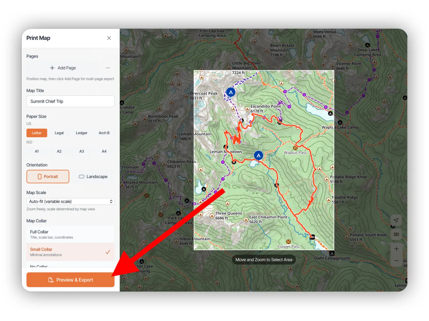 The Print Map panel with the print area on the map and the Preview & Export button