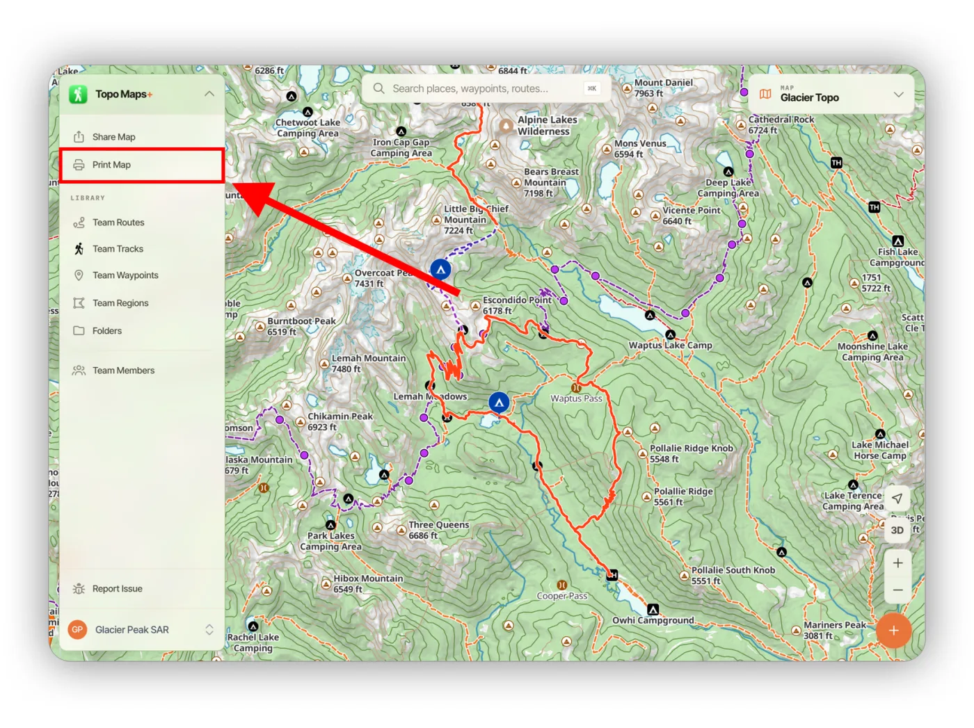 Print Map highlighted in the web app sidebar