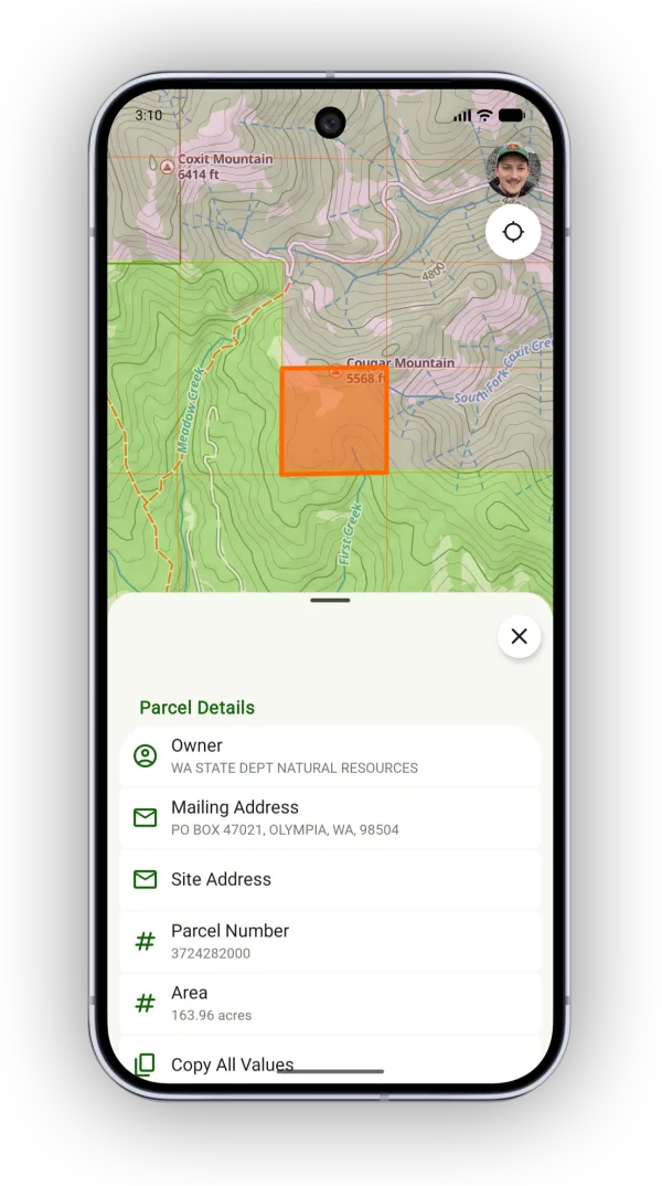 Parcel Details showing the owner, mailing address, parcel number, and area