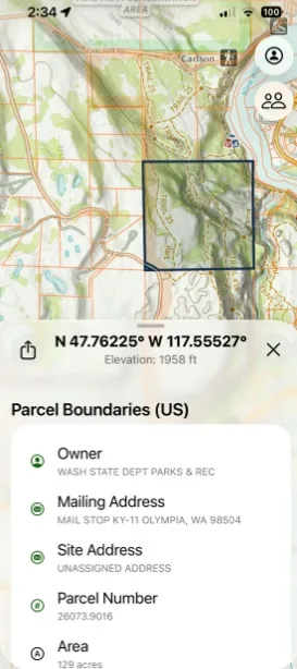 Parcel Details showing the owner, mailing address, parcel number, and area