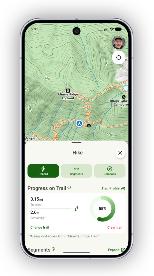 Progress on Trail showing distance traveled, remaining, and percent complete