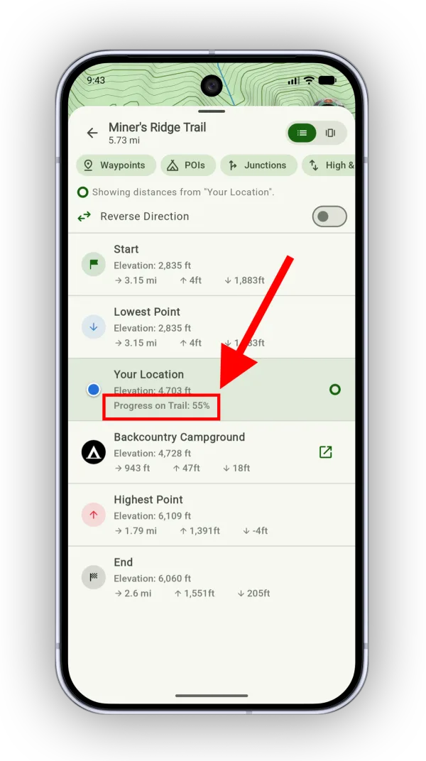 The Trail Segments list showing Progress on Trail at your location