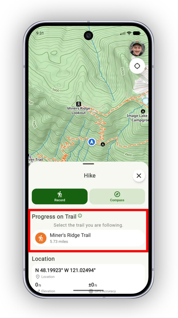 Selecting a trail under Progress on Trail in the Hike menu