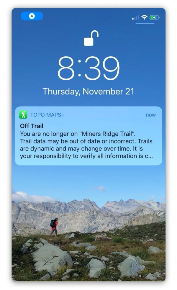 An Off Trail notification from Topo Maps+ on the Lock Screen