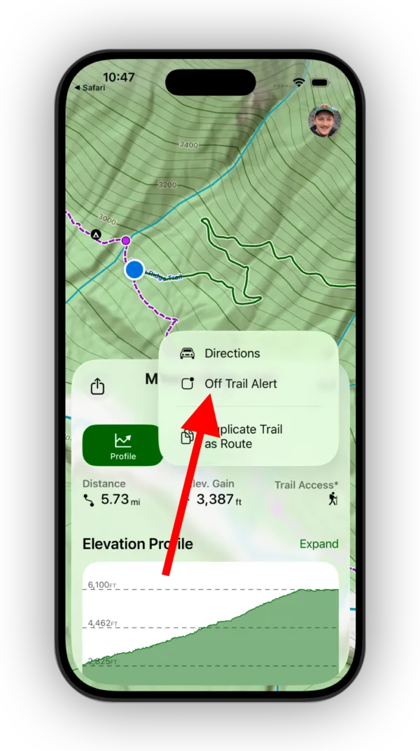 Off Trail Alert in the More menu