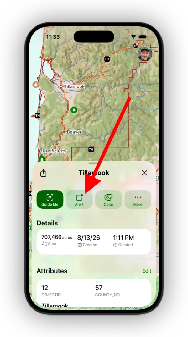 The Alert button on a region’s info panel