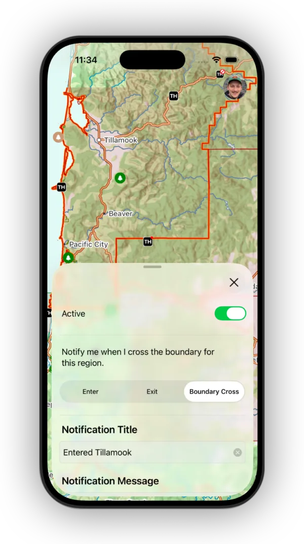 Region alert options for Enter, Exit, and Boundary Cross