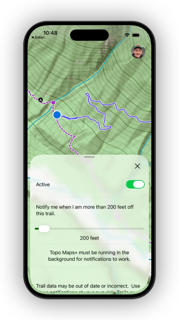 The slider for the off-trail alert distance