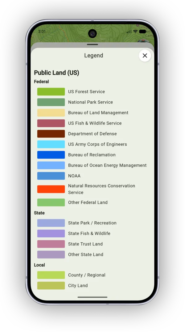 The Public Land (US) legend listing federal, state, and local land managers