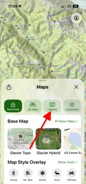 The Legend button at the top of the Maps panel