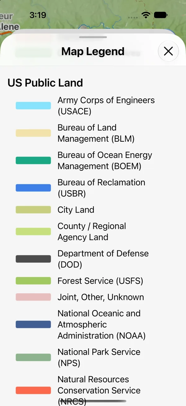 The Public Land (US) legend listing federal, state, and local land managers