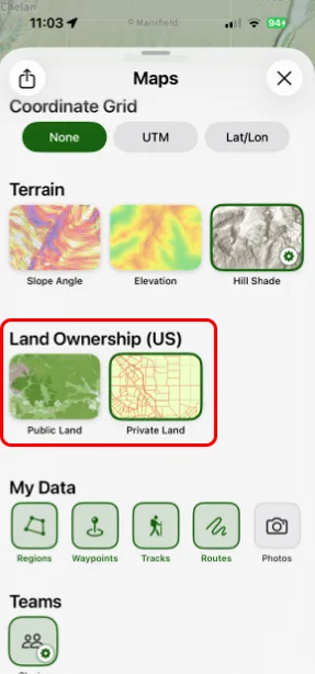 Public Land in the Land Ownership (US) section of the Maps panel