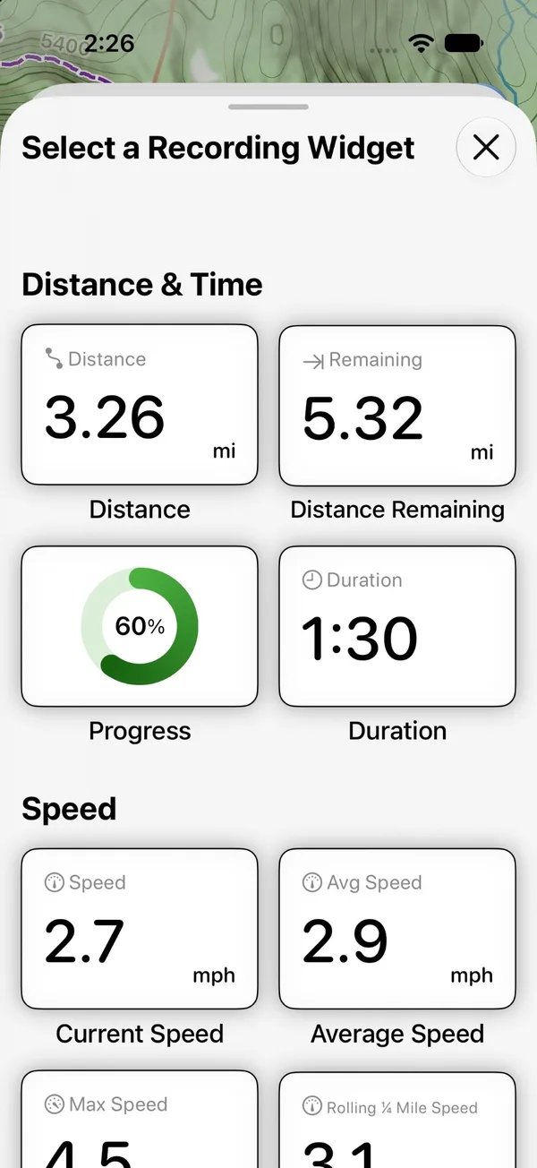 Select a Recording Widget, with stats grouped under Distance & Time and Speed