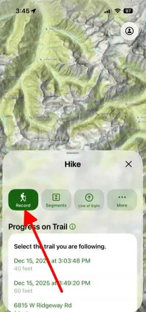 The Record option in the Hike menu