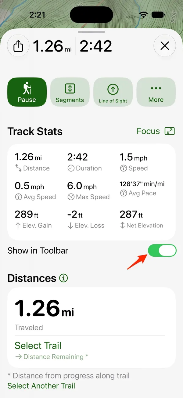 The Show in Toolbar switch under Track Stats in the Hike card