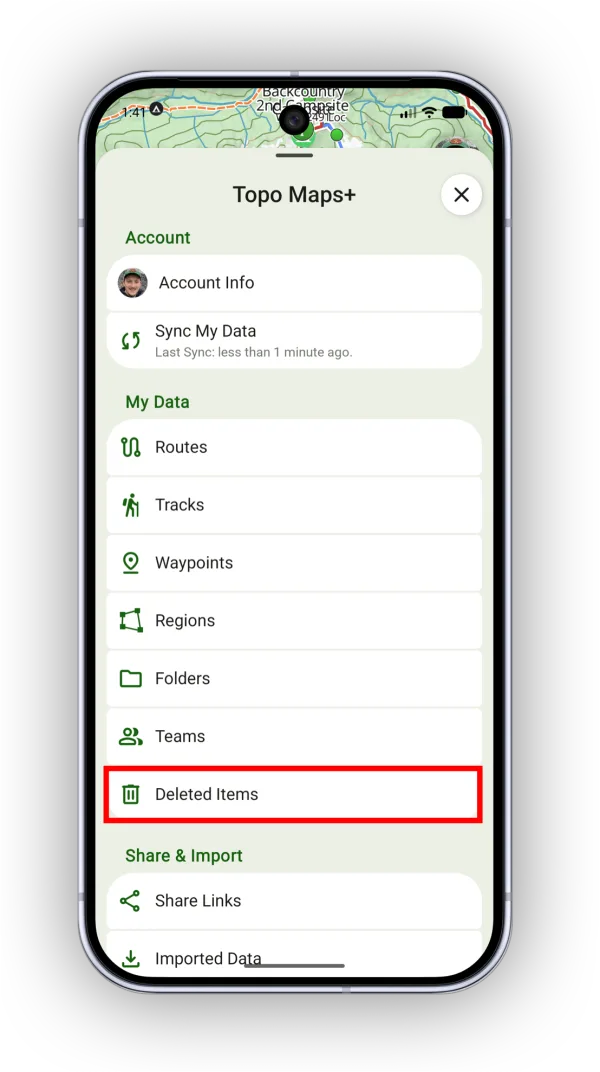 The Deleted Items row in the account menu