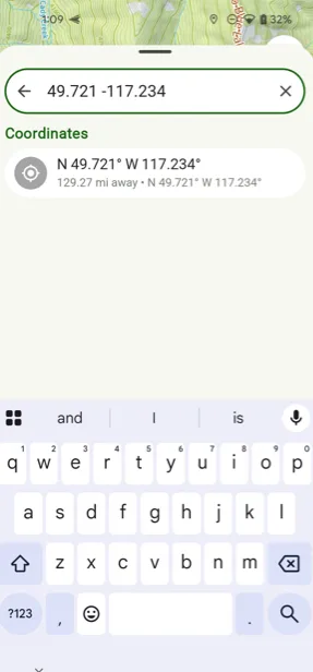 A coordinate typed into search with the matching result below