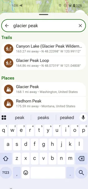 Search results for Glacier Peak, including trails and places