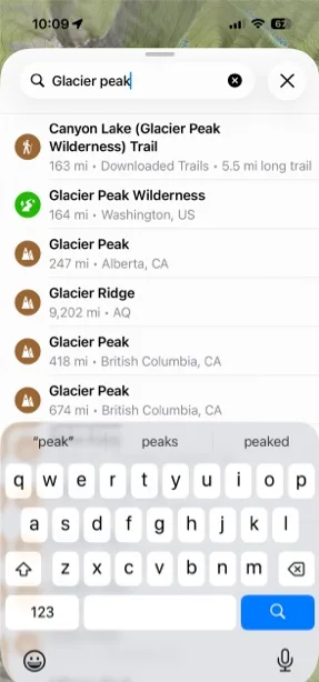 Search results for Glacier Peak, including trails and places