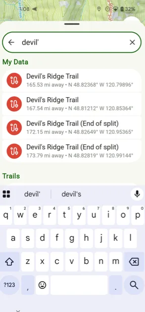 Search results showing your own routes