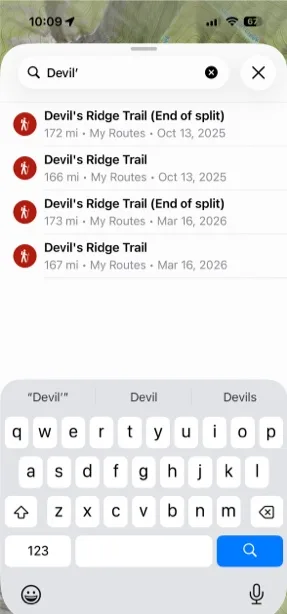 Search results showing your own routes