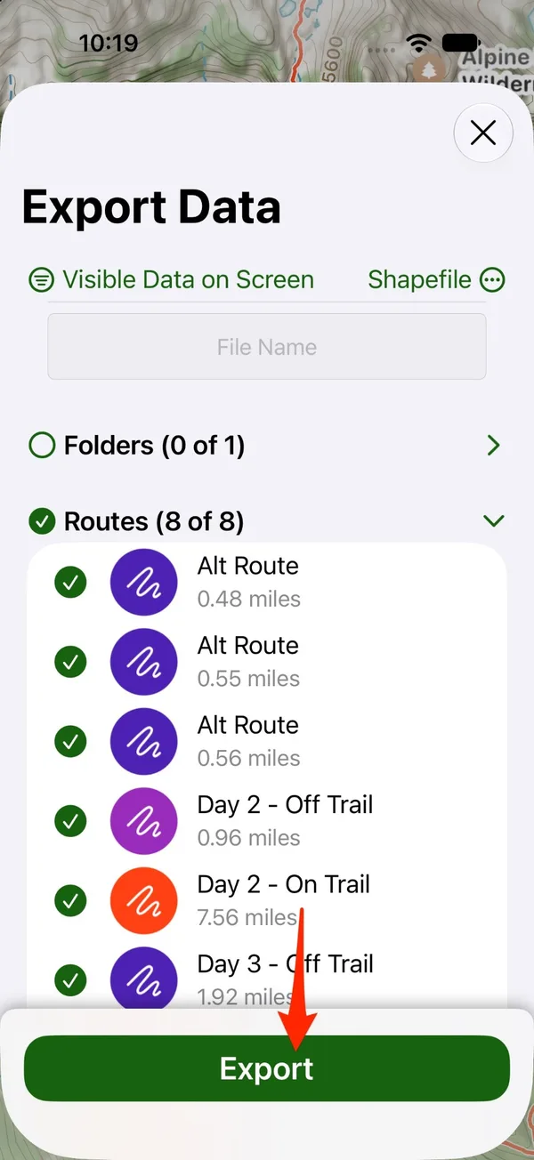 Export Data with Shapefile selected and the Export button at the bottom