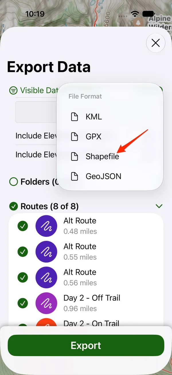 The File Format menu with KML, GPX, Shapefile, and GeoJSON