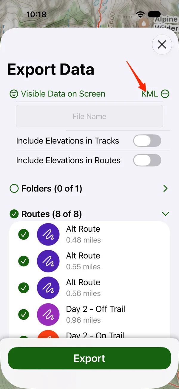 The file format button, showing KML, at the top of Export Data